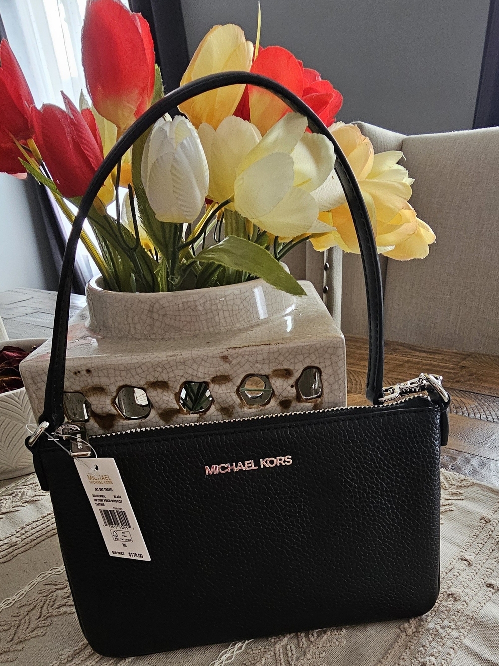 Michael Kors Black Pebbled Leather Mini Shoulder Bag with Silver Hardware